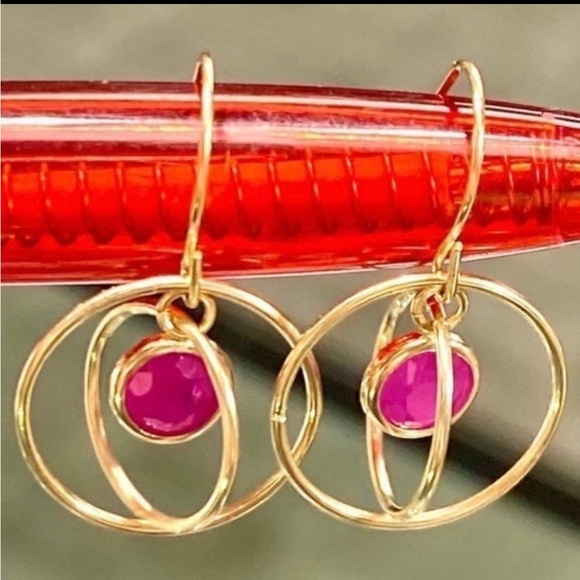 10k Yellow Gold 2 Carat Ruby Orbiting Dangle Saturn Spinning Drop Earrings - Picture 1 of 12